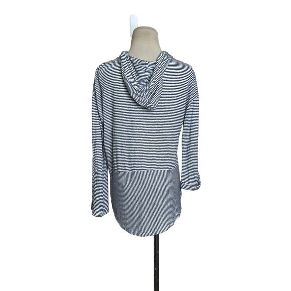 C&C blue white linen striped 3/4 sleeves lightweight hoodie size Small - Picture 12 of 13